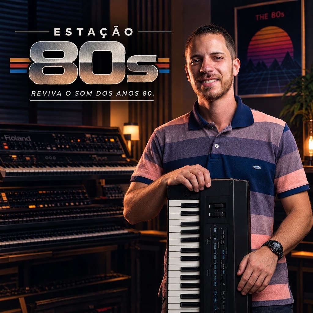 Jonathan Lage no estúdio segurando teclado com identidade visual Estação 80s, Reviva o som dos anos 80, e sintetizadores ao fundo